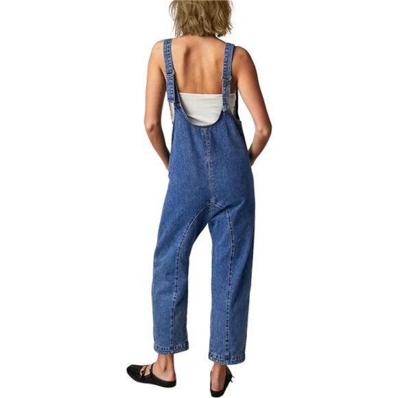 Women's High Roller Denim Overalls Casual Sleeveless Loose Baggy Navy